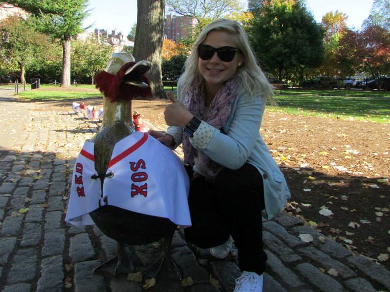 Petra from Croatia with our ducklings in the Boston Garden who are in the spirit of the World series