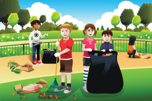 Illustrated image of children cleaning up a park.