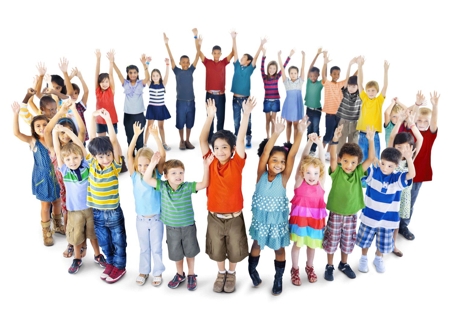 Children celebrate in a circle with their arms raised high.