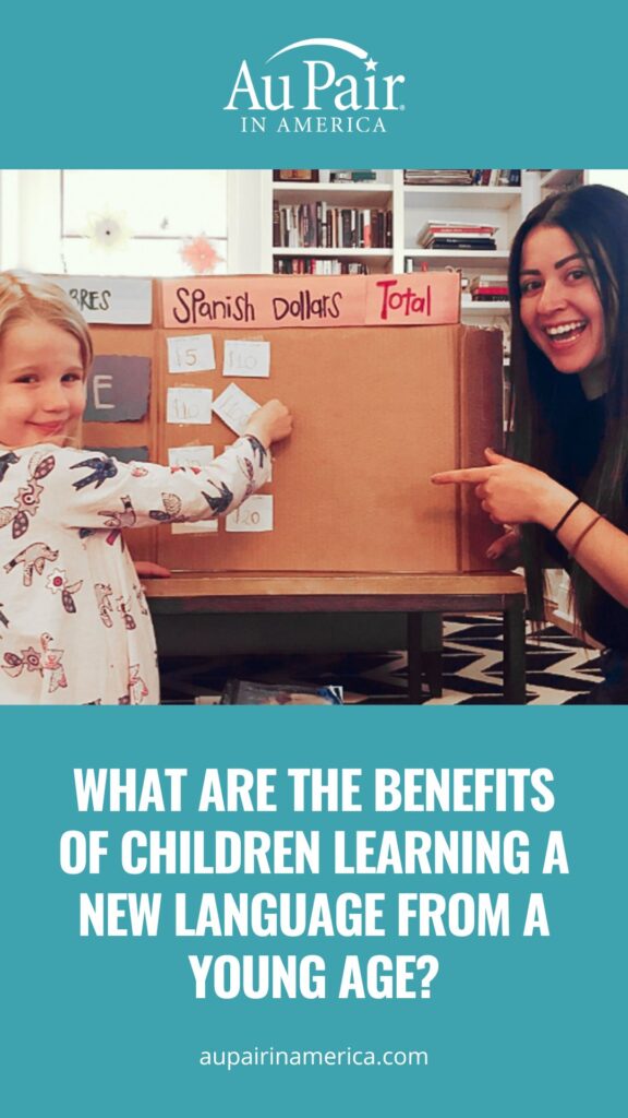 Au pair teaching host child Spanish with text saying "What are the Benefits of Children Learning a New Language from a Young Age?"