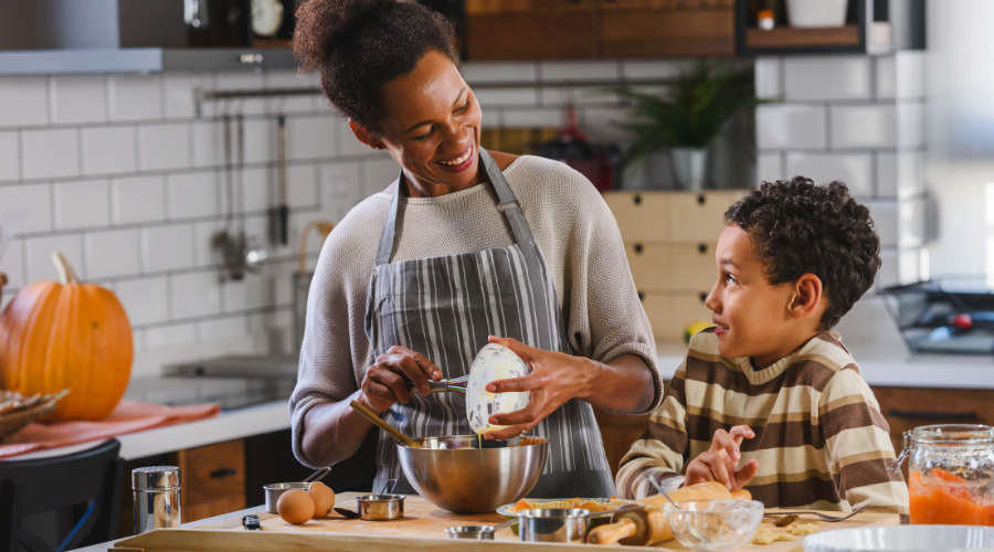 Family baking together in the fall